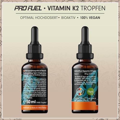 Vitamin K2 Tropfen hochdosiert 1800x (50ml) - 200 µg Vitamin K2 MK7, Pharmaquinone® Premium Vit. K2 hochdosiert mit 99,7+% all-trans-Gehalt - laborgeprüft mit Zertifikat - 100% vegan