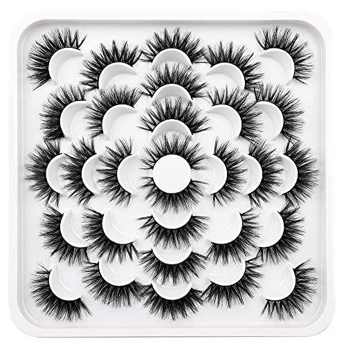 Yawamica 15 Pairs 6D Mink Eyelashes Faux 20MM Lashes Fluffy Cat Eye Wispy False Eyelashes Thick Dramatic Fake Eyelashes Handmade Reusable Natural Look Eyelashes Pack Long Eye Lashes