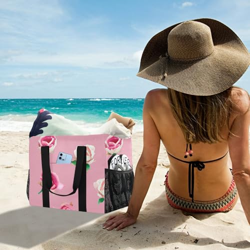 Watercolor Roses Pink Large Beach Bag Waterproof Beach Tote Bags for Women Travel Gym Pool 6