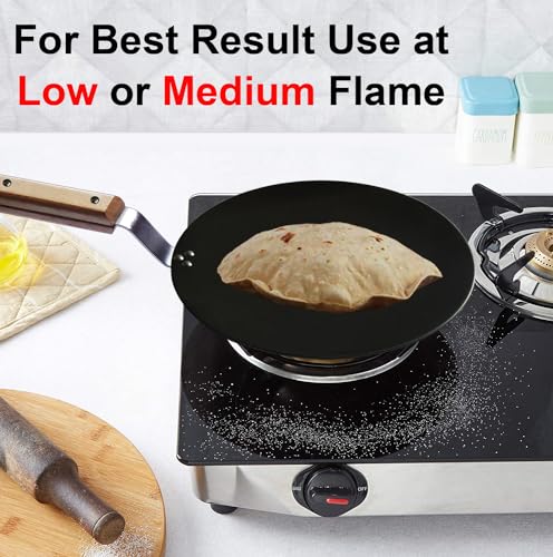 Image of amicus Pure Iron Tawa for Roti Chapati Omelette Concave Iron Tava with Wooden Handle 9 Inch 1 Kg Black Food Grade Smooth 100% Multipurpose Tawa