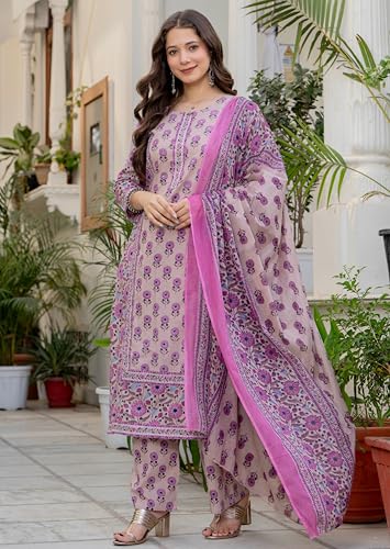 Image of Amayra Women's Pure Cotton Straight Kurta Set with Palazzo Pants & Dupatta|Ethnic wear|Kurta Set for Women