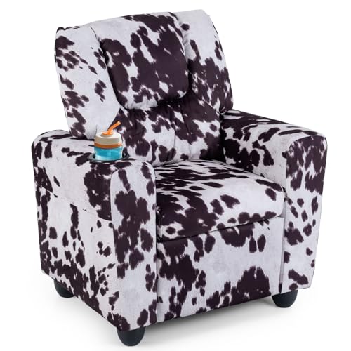 Image of GLACER Kids Recliner with Cup Holder, Velvet Toddler Lounge Chair | Child Recliner w /Adjustable Backrest & Footrest, Spring Seat Cushion, Push Back Cow Chair for Ages 3+, Supports 150 lbs