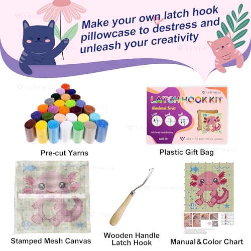 Image of veirousa Latch Hook Kits for Adults, DIY Axolotl Pillow & Rug Craft Kit for Beginners, Marine Handmade Yarn Art, Relaxing Home Sofa Decor Gift 17x17 Inch