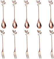 Vista 1 de AnSaw - Juego de 10 piezas de cucharas y tenedores mini de color oro rosa, 4.7" - Acero inoxidable, mango de hojas, ideal para café, té, aperitivos
