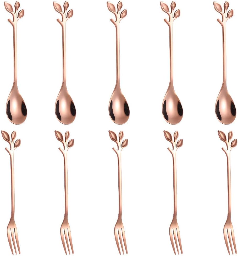 AnSaw 10-Pc Rose Gold Mini Spoons & Forks Set, 4.7" - Stainless Steel, Leaf Handle, Ideal for Coffee,Tea, Appetizers, Tastings, Parties, Charcuterie & Cocktails