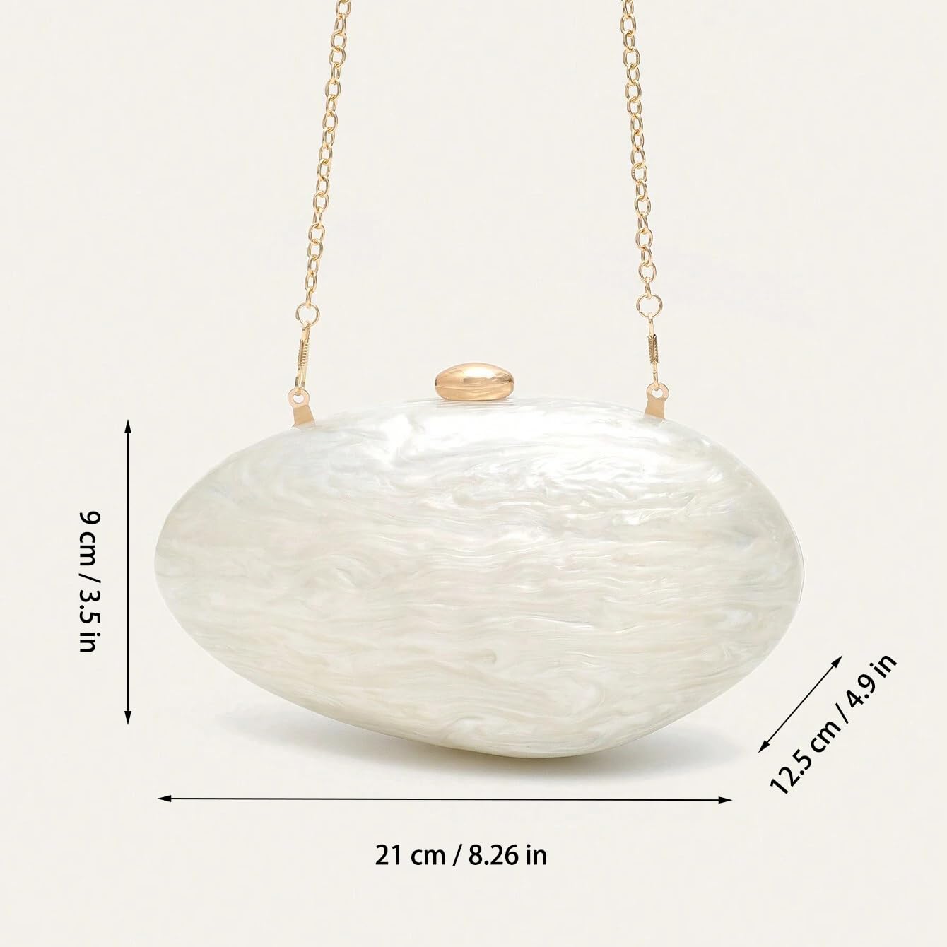 WYZIG Women Shell Shape Acrylic Evening Clutch Purse Shiny Egg Marble Handbag Wedding Party Prom Shoulder Bag, Pearl White