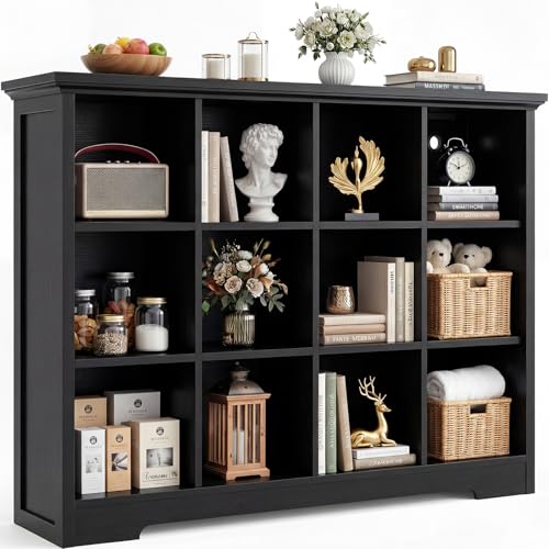 Aheaplus Wooden 12-Cube Storage Organizer with Charging Ports, Modern Cube Bookcase with Base, 4-Tier Floor Standing Open Cubbies Bookshelf, Cubicle Display Shelf for Home and Office, Black