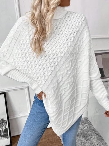 Image of MakeMeChic Women's Turtleneck Cable Knit Poncho Sweater Asymmetrical Long Sleeve Pullover Top White Large