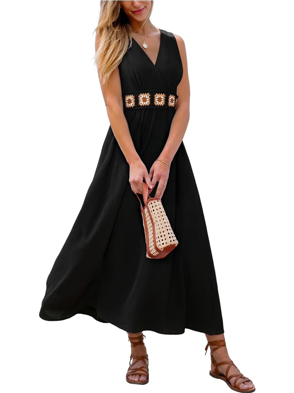 CUPSHE Abito estivo da donna con scollo a V, stile bohémien, senza maniche, ricamato, in vita, con punto smock