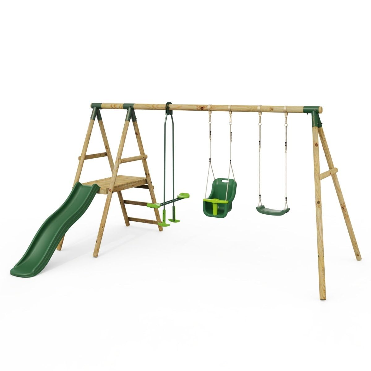 B&Q -  Voyager Wooden Garden Swing Set With Standard SeatBaby SeatGliderPlatform And Slide For KidsGreen