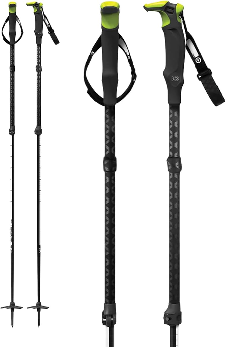 G3 Genuine Guide Gear VIA Bastones de esquí de travesía de fibra de carbono, bastones de esquí ajustables, ergonómicos y livianos, todas las condiciones de nieve, empuñaduras de espuma, diseñados en BC, Canadá, 2022