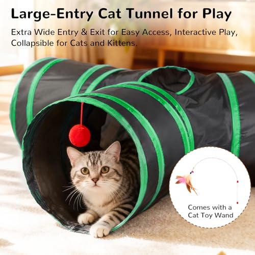 Image of Tempcore Cat Tunnel for Indoor Cats, 3 Way Collapsible Pet Play Tunnel with Teaser Wand, Peek Holes & Hanging Ball, Interactive Tube for Kittens & Rabbits, Black & Green