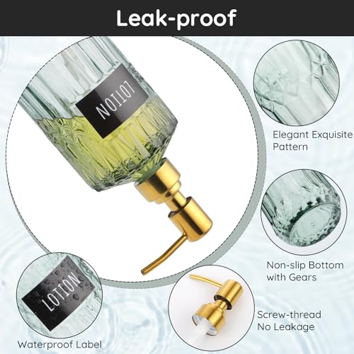 Image of Segbeauty 15.2oz Glass Shampoo and Conditioner Dispenser with Label Stickers, 2pcs Green Glass Soap Dispensers with Stainless Steel Pump, 450ml Lotion Pump Bottle Liquid Containers for Cream Body Wash
