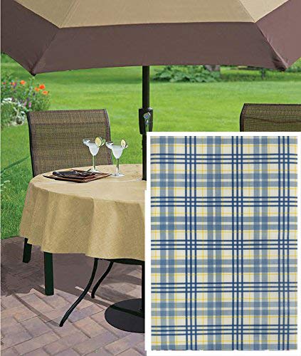 Newbridge Cabin Blue Lodge Plaid Vinyl Flannel Backed Tablecloth - Blue and Yellow Cottage Style Plaid Indoor/Outdoor Picnic, BBQ and Dining Tablecloth- 70” Zippered Umbrella Round