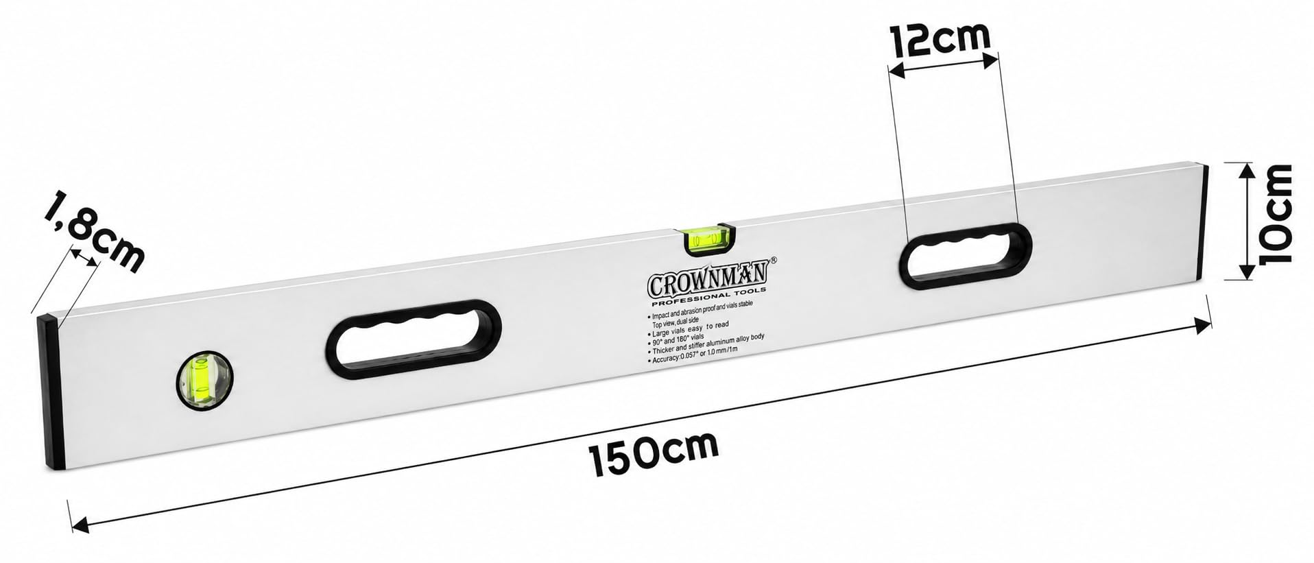 Poziomica aluminiowa budowlana 150 cm, 3 libelle, precyzyjne narzędzie pomiarowe do poziomowania, remontu, montażu i prac wykończeniowych