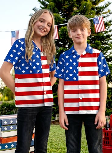 Image of BesserBay Unisex Kids 4th of July Shirt Girls Boys Patriotic Button Down Shirt American Flag Top 4-14 Years