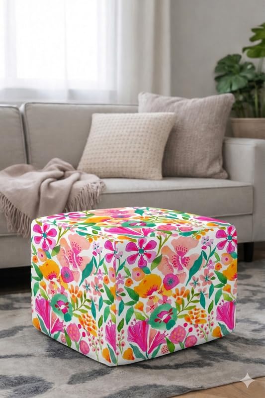 Pouffe Cover for 18x26x18 Inch Top Floral Bloom Full Coverage, Boho Bohemian Scandinavian Slipcover, Square Footstool Floor Cushion Pouf Cover, Machine Washable, THROWPILLOW-image-48