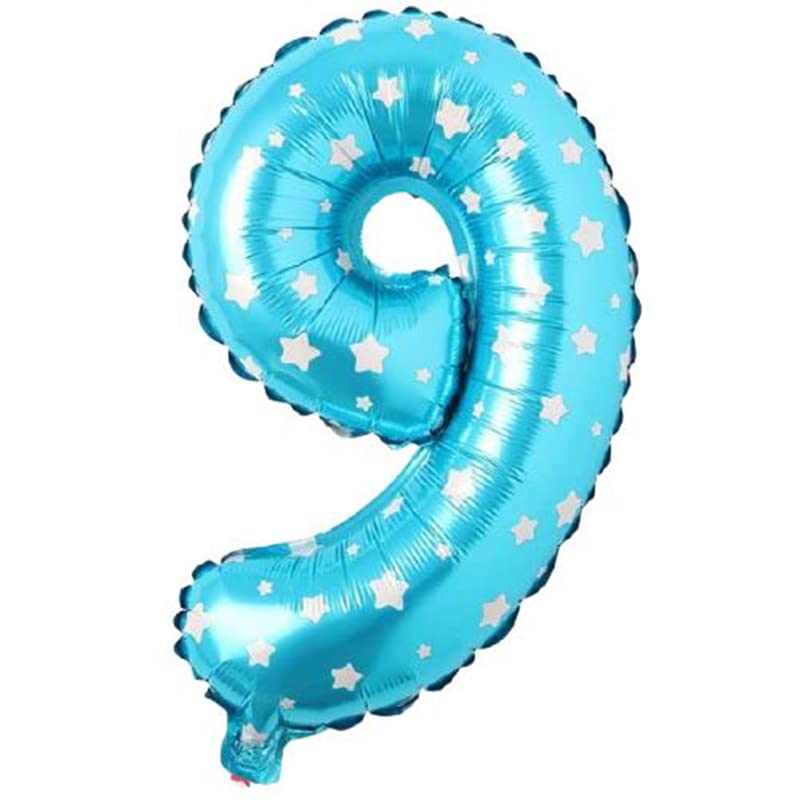 PARTİ VİTRİNİ 9 Rakamlı 16 İnç Mavi Yıldızlı Folyo Balon 36 CM (Mavi)