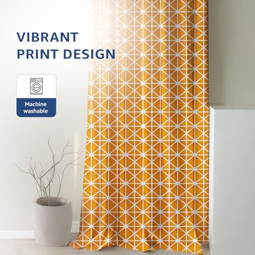 Image of Amazon Basics - Geometric Print Light Filtering Curtains | 100% Cotton 150 TC | Set of 2 | 5 Feet | 115 x 150 cm | Orange | Eyelets & Tiebacks | Ideal for Bedroom and Living Room