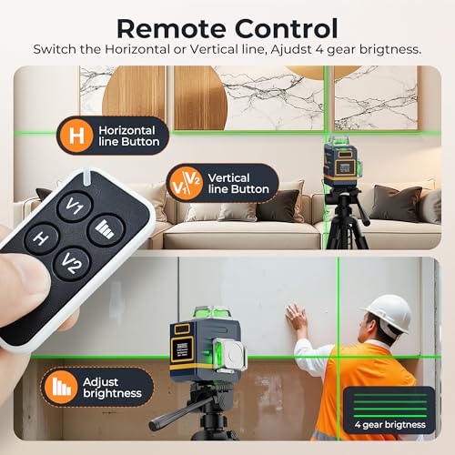 CIGMAN Laser Level Self Leveling 3x360° 3D Green Cross Line for Construction and Picture Hanging, Rechargeable battery, Remote Controller, Magnetic Rotating Stand Included