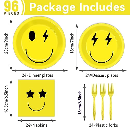 Image of 96PCS Smile Face Paper Plates and Napkins Yellow Smile Face Birthday Party Supplies for 24 Guests Preppy Disposable Dinnerware Set Preppy Cake Tableware Party Decorations for Bachelorette Baby Shower