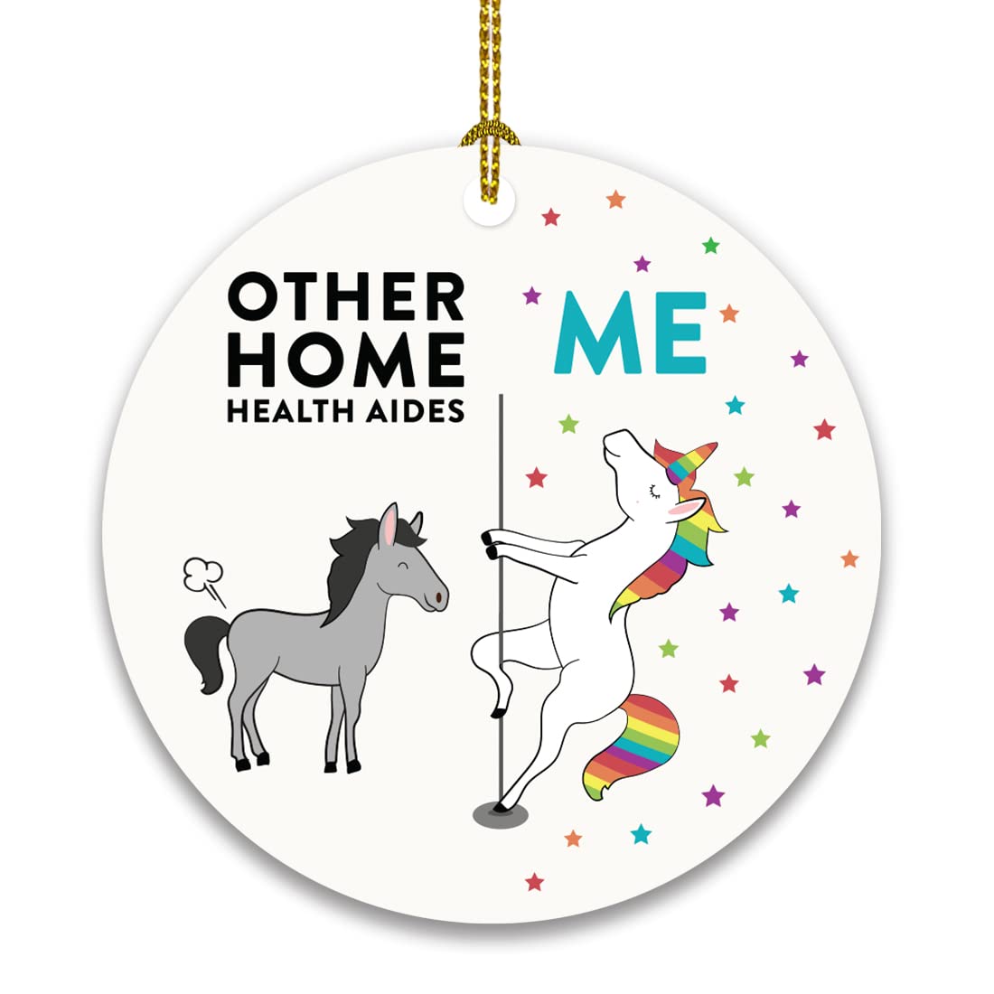INKOLOGIE Funny Round Wood Christmas Tree Ornament Bauble Gift, Other Home Health Aides Me, Horse Unicorn, 1-Pack, Birthday Ideas Coworker Him Her, Includes Gold Ribbon and Gift Bag