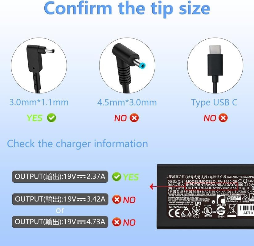 Image of WeFly 19V 2.37A 45 Watt Laptop Adapter Charger Pin Size 3.0 x 1.1 mm for Acer Swift 3, Aspire v13 P3 Chromebook 11 13 14 15 N7 R11 c720 CB3 CB5 A314 A315-58 A315-58G A314-22 Black (AC 45W 1.1mm)