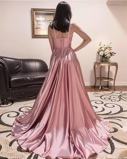 Spaghetti Straps Prom Dresses with Slit A-line Long Pleated Satin Bridesmaid Dresses with Pockets2