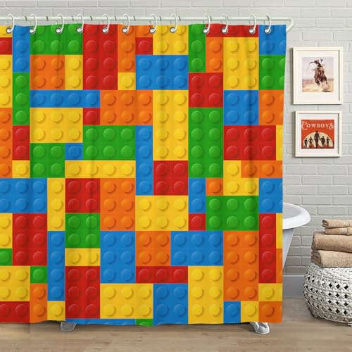 FAITOVE Colorful Lego Blocks Bathroom Shower Curtain Sets Waterproof Decor 71†x 71†Polyester Fabric