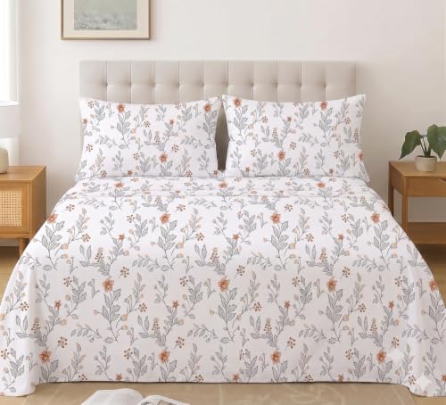 Image of IVAZA 240 TC Soft Ezyption Cotton Floral Print King Size Bedsheet - with 2 Pillow Covers, Hypoallergenic, Brethable, (Size- 90 x 90 Inch) Snow White
