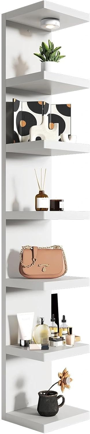 White 7-Tier Vertical Wall Shelf Unit with USB Rechargeable Led Light (Remote Controlled),Versatile Floating Display Shelves,Lack Style Wall Shelves for Bedroom,Living Room,Office Decor,Vanity White 7 Tier