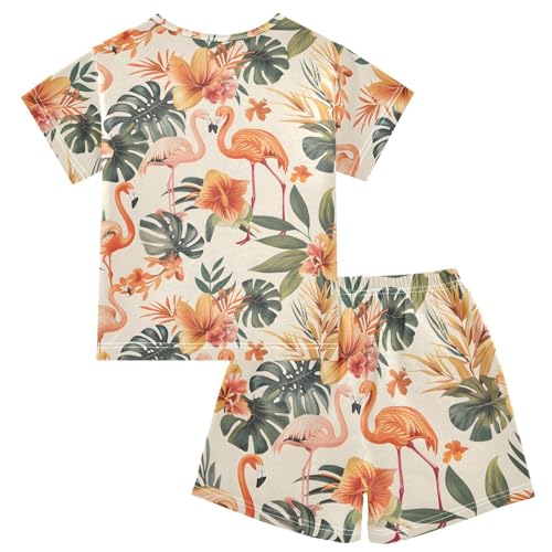 ALAZA Palm Leaf Flamingo Flower Pajamas Short Sleeve 2 Piece Sleepwear Top and Bottom Pajama Set Unisex2