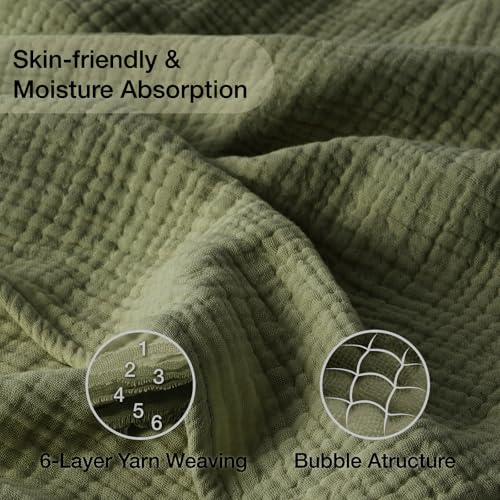 100% Cotton Muslin Blanket Twin 66" x 90", Breathable and Lightweight Twin Blankets for Couch, Soft Cooling Summer Gauze Blanket for Adults All Season, Olive Green