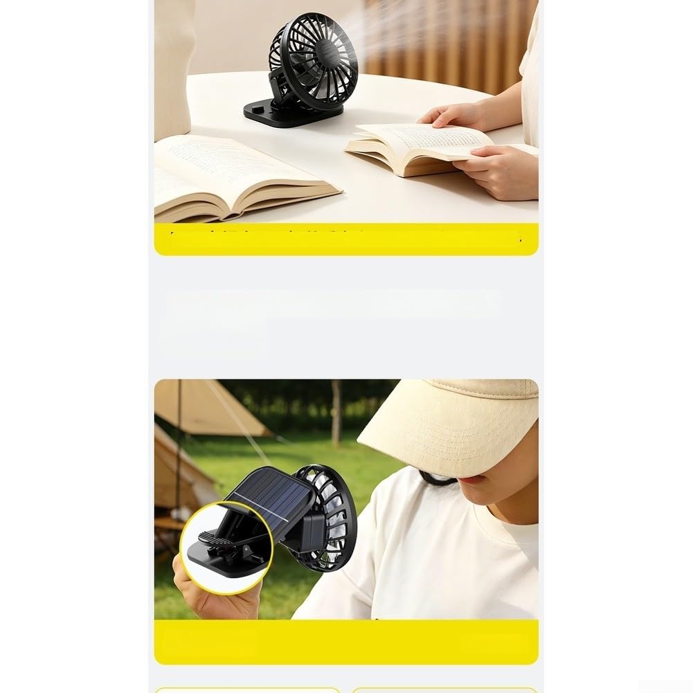 Clip-On-Hut-Ventilator, solarbetrieben, USB, wiederaufladbar für Mini-Kühlung, 3 Geschwindigkeiten, leiser Motor, leichte Klemme für Outdoor, Camping, Wandern, Angeln, Reisen, schwarz, 75 x 65 x 85 mm