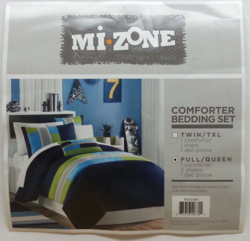 Mi Zone Cozy Comforter Set Geometric Stripes Vibrant Color Design All Season Bedding Matching Shams, Decorative Pillow, Full/Queen, Pipeline Navy, 4 Piece