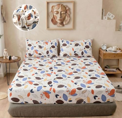 Image of BSB HOME 240 TC Cotton Fitted Double Bedsheet with 2 Pillow Covers, Elastic Bed Sheet, Soft Breathable Skin-Friendly Fabric, All Season Comfort - 72 x 72 + 8 Inches (Espresso & Amber Leaf)