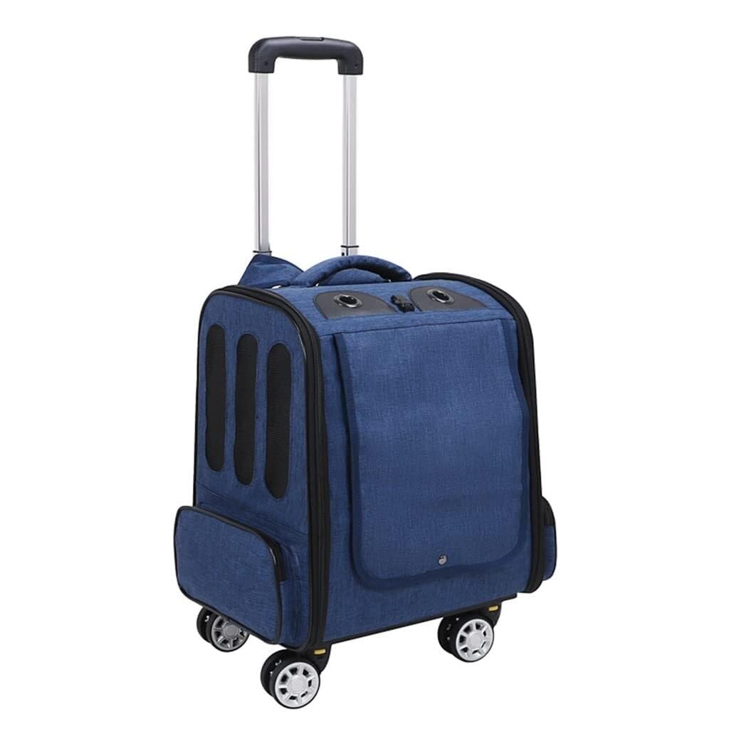 RRXEOUU Maleta de Viaje para Mascotas con Ruedas giratorias, Mochila para Mascotas, Caja Transpirable para Perros y Gatos, Caja para Gatos, Maleta portátil para Mascotas con Bolsillos(Blue)
