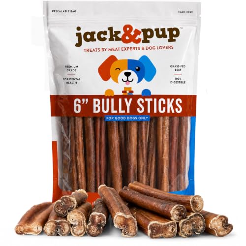 Jack&Pup 6 Inch Standard Bully Sticks for Dogs (25 Pack) Odor Free Bully Sticks for Large Dogs, All Natural Beef Pizzle Sticks