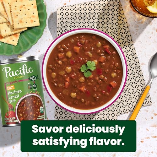 Image of Pacific Foods Organic Spicy Harissa Lentil Soup, Plant Based, 16.3 oz Can (Pack of 12)