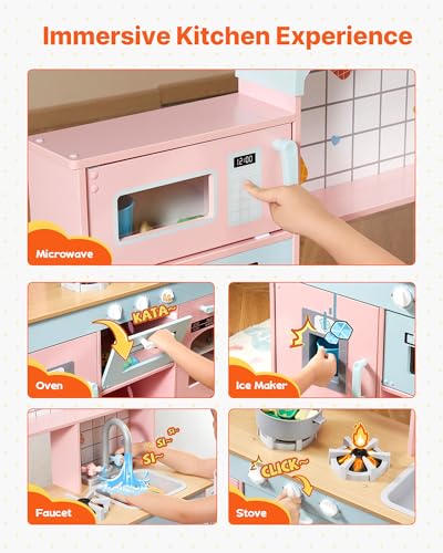 Image of VEVOR Wooden Play Kitchen Toy, Play Kitchen for Kids with Lights and Sounds, Toddler Kitchen with Ice Maker, Oven, Sink, Microwaves, Fridge and Utensil and Fruit Accessory for Toddlers, Pink