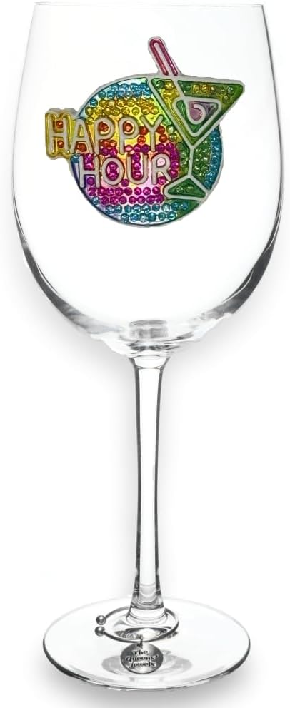 THE QUEENS' JEWELS Happy Hour Jeweled Stemmed Wine Glass, 21 oz. - Unique Gift for Women, Birthday, Cute, Fun, Not Painted, Decorated, Bling, Bedazzled, Rhinestone