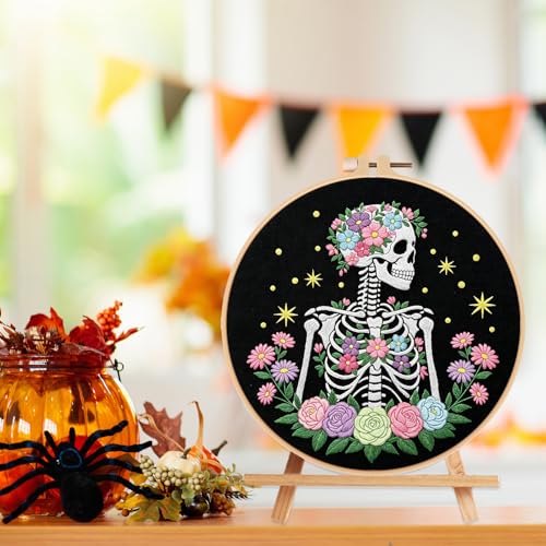 Image of Louise Maelys Halloween Skeleton Floral DIY Embroidery Kit for Beginners | Needlepoint Kit Includes Hoop, Fabric, Threads, Needles and Instructions. Skeleton Floral Rose Design for Cross Stitch Kits