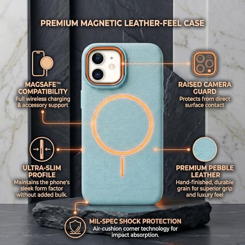 Image of amazon basics Luxury MagSafe Compatible Leather Texture Back Cover for iPhone 12 | Raised Camera Protection | Slim Fit Shockproof Case with Metallic Accents (Light Blue)