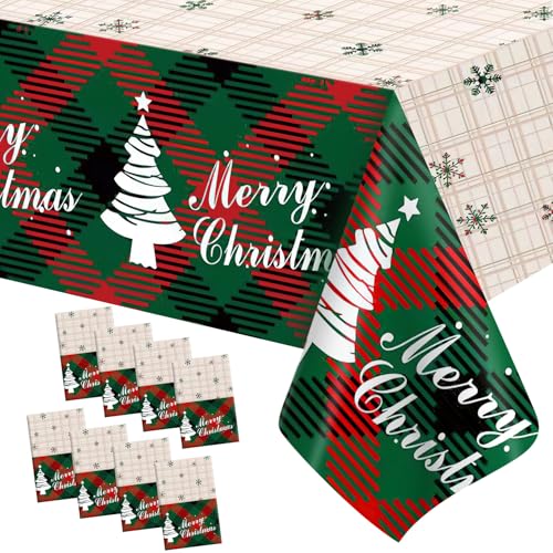 Image of Christmas Tablecloth, 8 PCS Christmas Tablecloth Disposable for Rectangle Table, 54 inch x 108 inch Plastic Snowflake Xmas Tree Decorative Table Cloth Tables Cover for Xmas Holiday Party Decorations Supplies