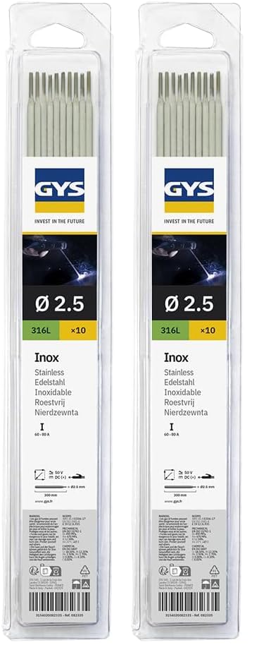 GYS - ELECTRODES Inox 316L ø2, 5 - Blister de 10 - CONSOMMABLE Soudure Arc/MMA - Toutes positions - A L'electrode - Amorcage Des 40V (Lot de 2)