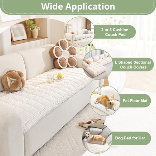 OstepDecor Sofa Covers 2 Seater, Corner Sofa Cover L Shape, Pet-Friendly Couch Cover Furniture Protectors for Dogs, Thick Soft Corduroy Sofa Pads Fuzzy Couch Cushions for Pets, Kids (White, 70x150cm)