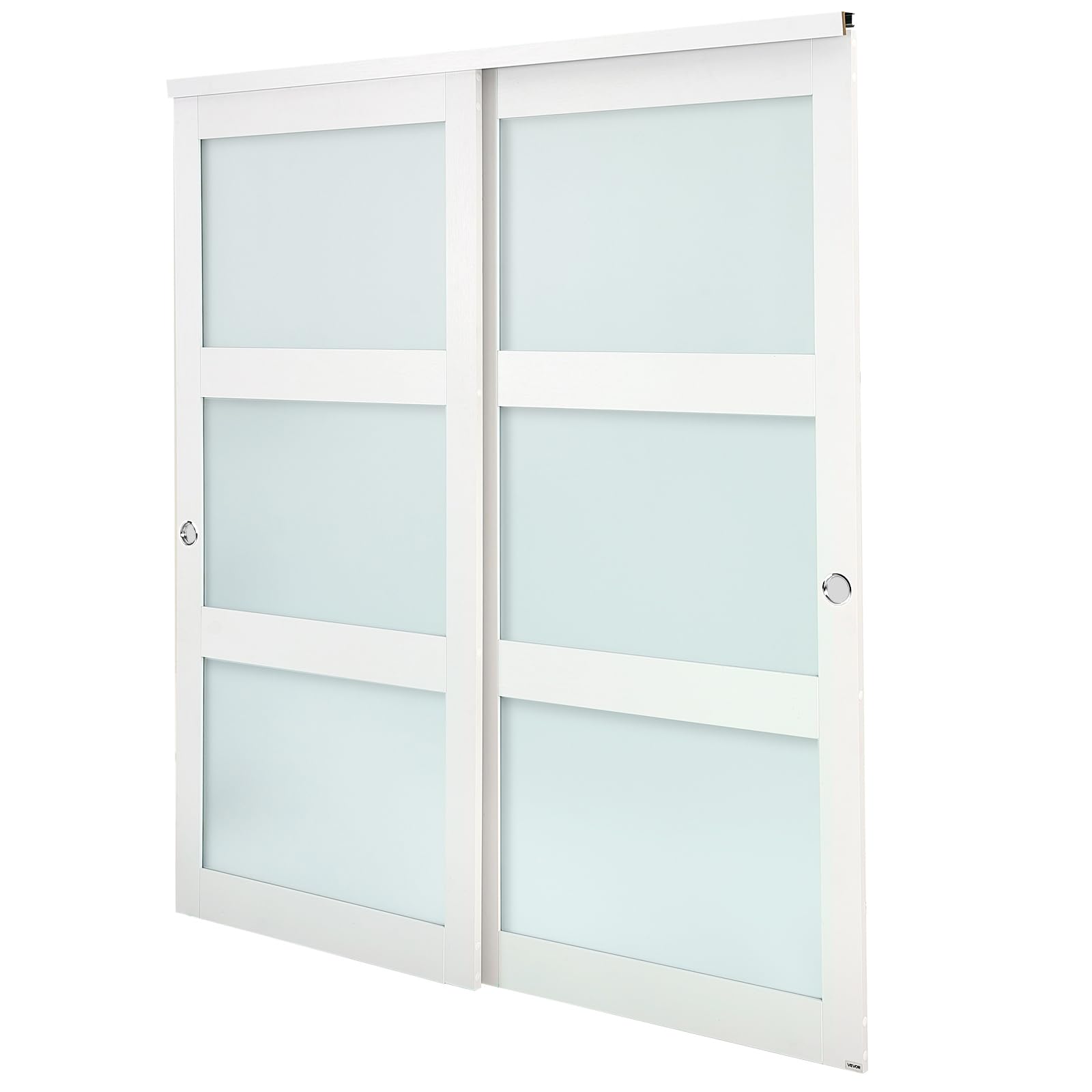 VEVOR Puerta Corrediza de Armario, para Huecos de 1829 x 2032 mm, Puerta Doble de 3 Paneles de Vidrio Esmerilado con Kit de Herrajes, Madera Maciza y MDF, Superficie de PVC Impermeable, Blanco