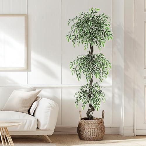 GarveeHome Artificial Ficus Tree for Home Decor Indoor,6FT Faux Floor Tree White Imitation Ceramic Planter, Indoor Outdoor Lifelike Fake Ficus Tree with Pebbles & Green Fake Moss for Office