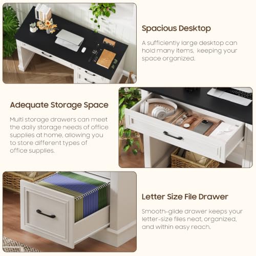 Image of Farmhouse 47 inch Executive Desk with File Drawer, Computer Desk with 4 Drawers, Workstation for Writing, Study, Home Office, Black.