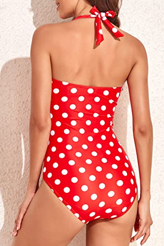 Image of Smismivo Tummy Control Swimwear Halter One Piece Slimming Vintage Retro Swimsuit Womens Ruched Push Up Bathing Suit